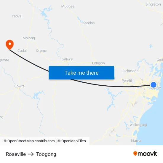 Roseville to Toogong map