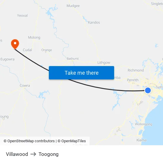 Villawood to Toogong map