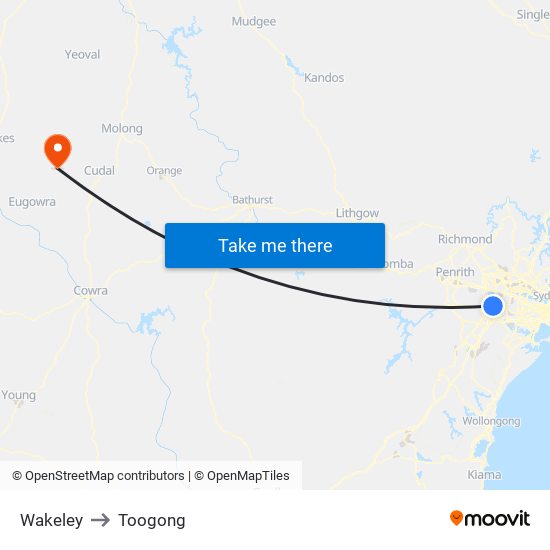 Wakeley to Toogong map