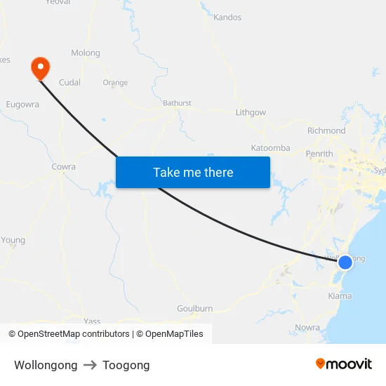 Wollongong to Toogong map