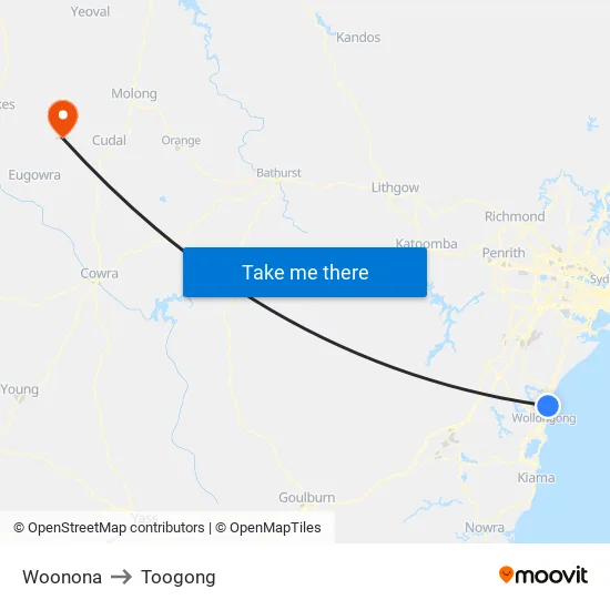 Woonona to Toogong map