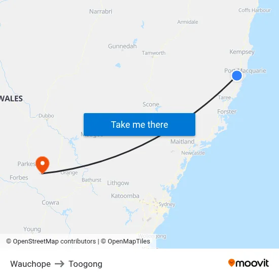 Wauchope to Toogong map