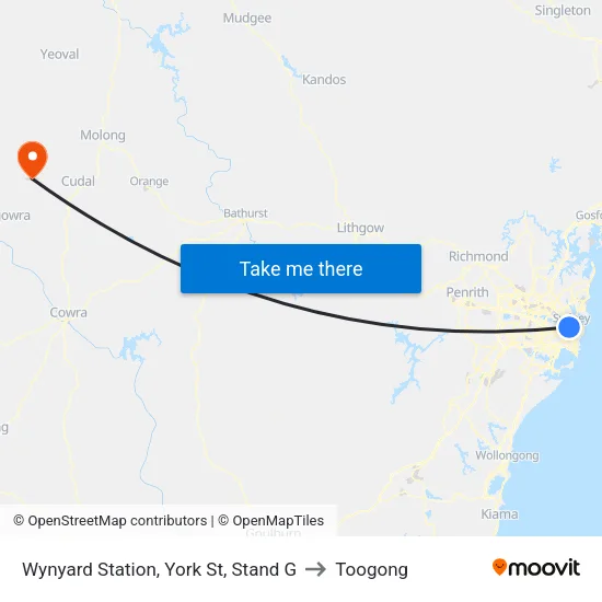 Wynyard Station, York St, Stand G to Toogong map