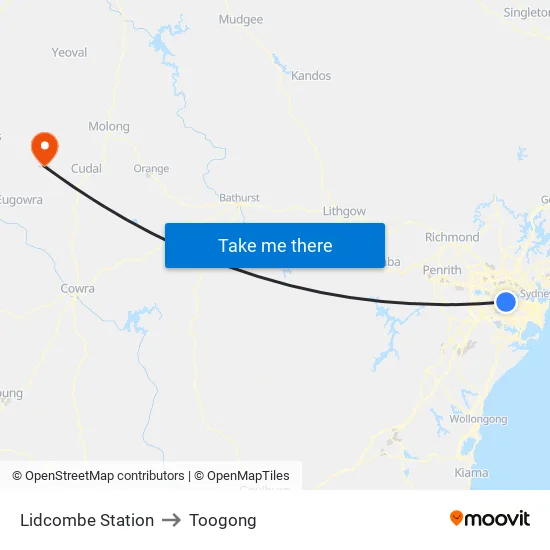 Lidcombe Station to Toogong map