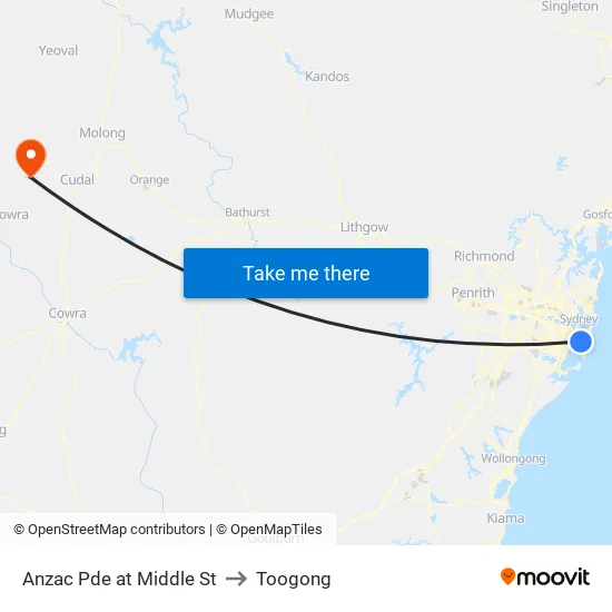 Anzac Pde at Middle St to Toogong map