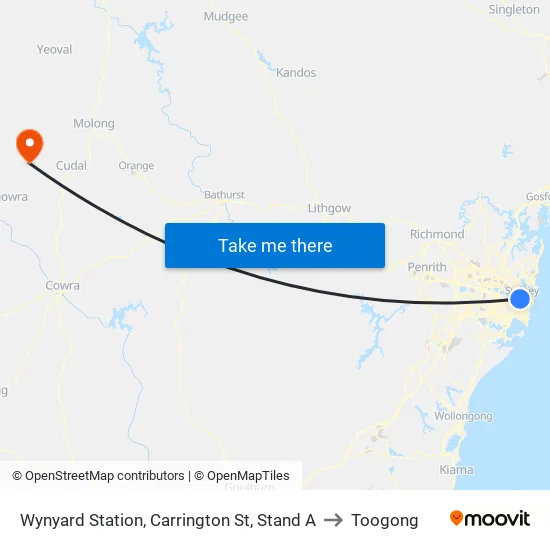 Wynyard Station, Carrington St, Stand A to Toogong map