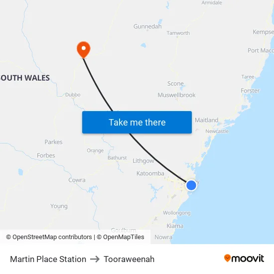 Martin Place Station to Tooraweenah map