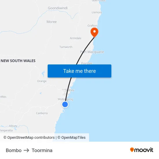 Bombo to Toormina map