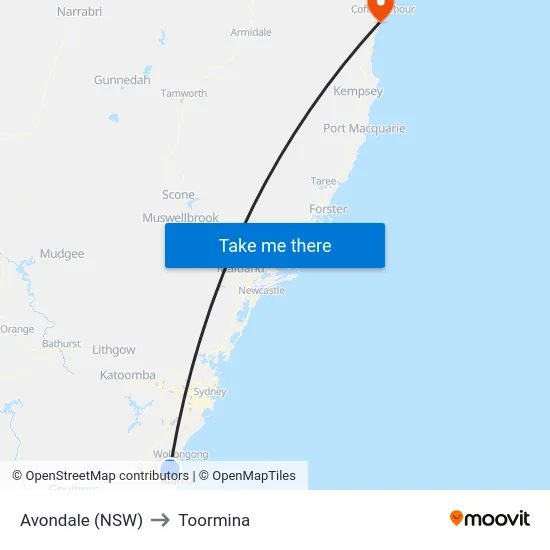 Avondale (NSW) to Toormina map