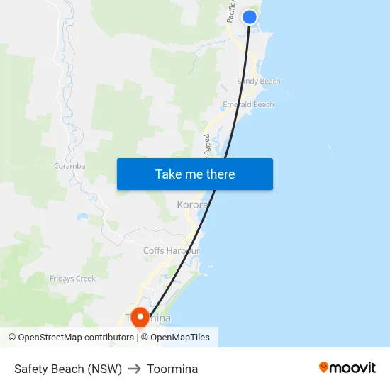 Safety Beach (NSW) to Toormina map