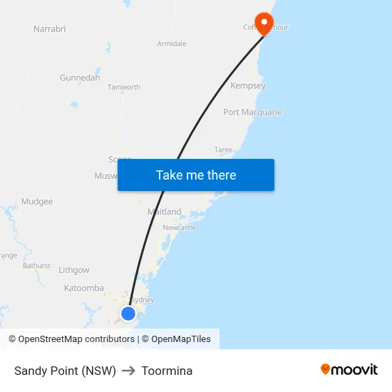 Sandy Point (NSW) to Toormina map