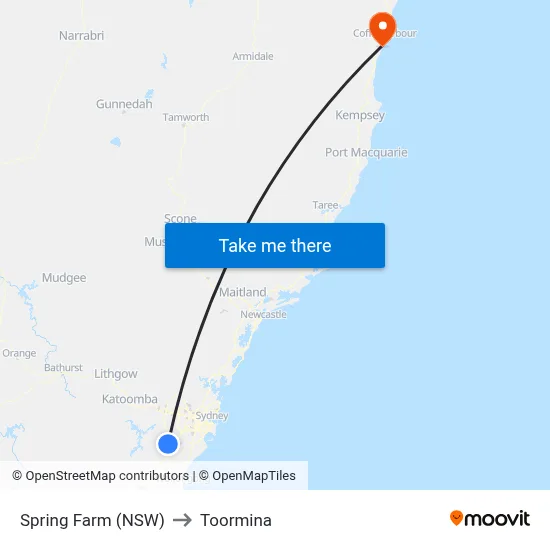 Spring Farm (NSW) to Toormina map