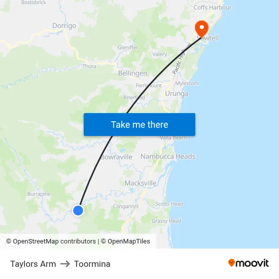 Taylors Arm to Toormina map