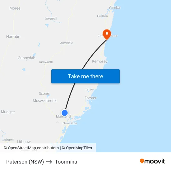 Paterson (NSW) to Toormina map