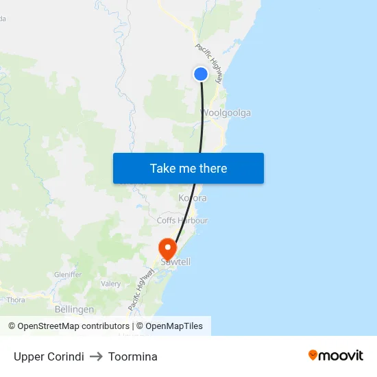 Upper Corindi to Toormina map