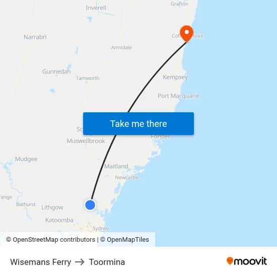 Wisemans Ferry to Toormina map