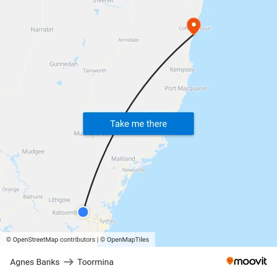 Agnes Banks to Toormina map