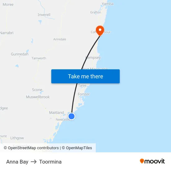 Anna Bay to Toormina map