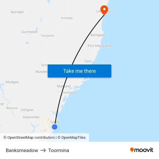 Banksmeadow to Toormina map