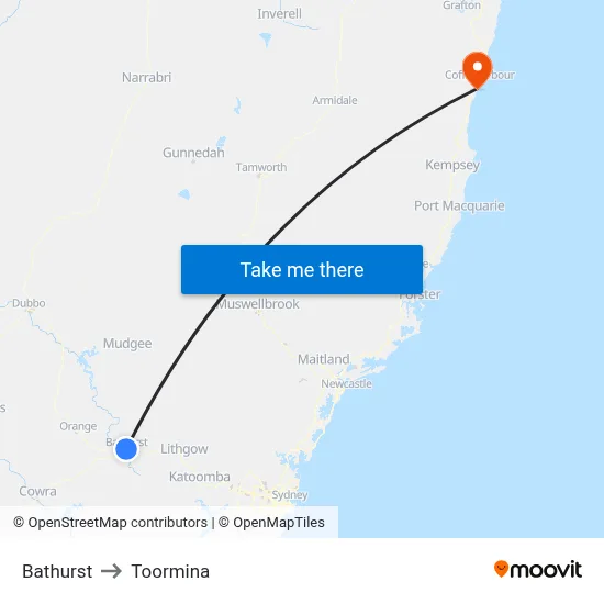 Bathurst to Toormina map