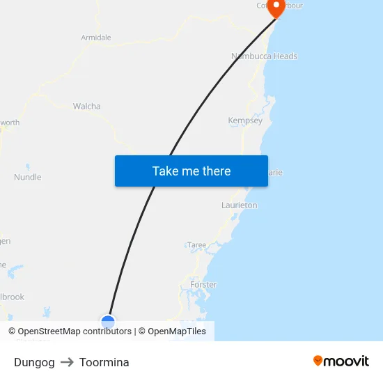 Dungog to Toormina map