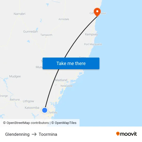 Glendenning to Toormina map