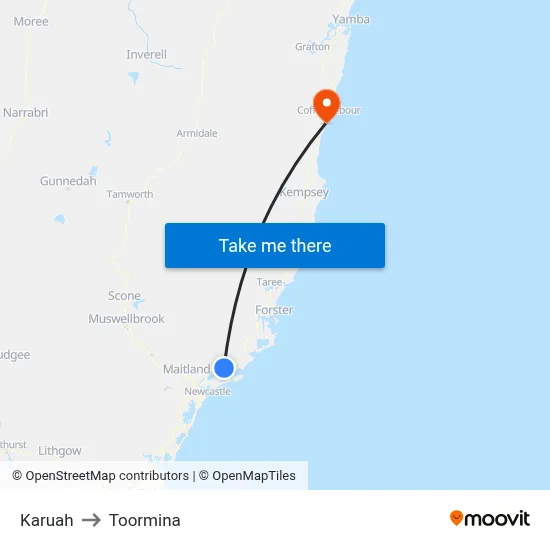 Karuah to Toormina map