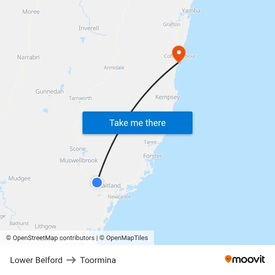 Lower Belford to Toormina map