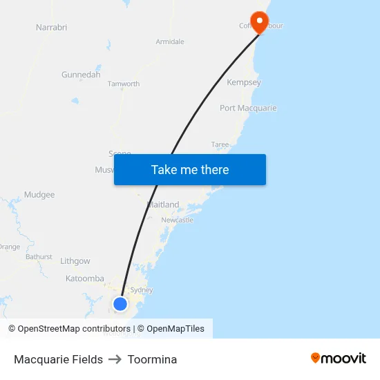 Macquarie Fields to Toormina map