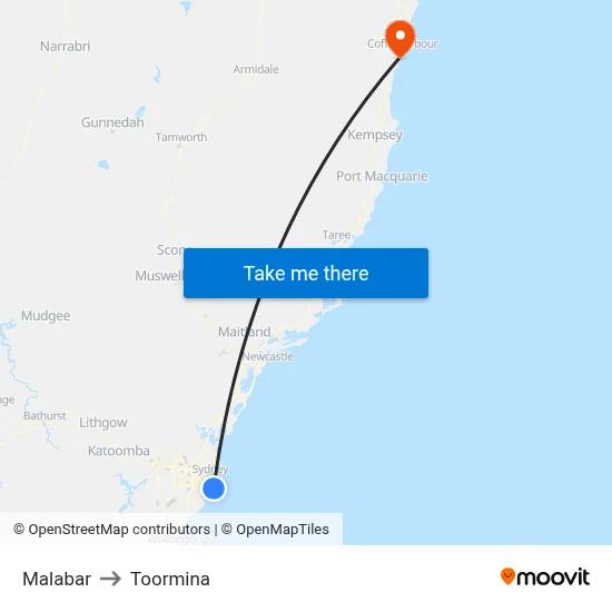 Malabar to Toormina map