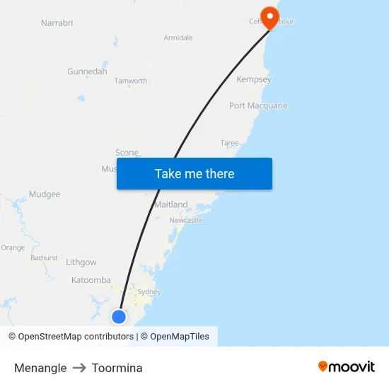 Menangle to Toormina map