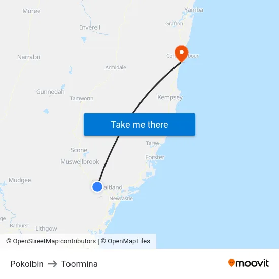 Pokolbin to Toormina map