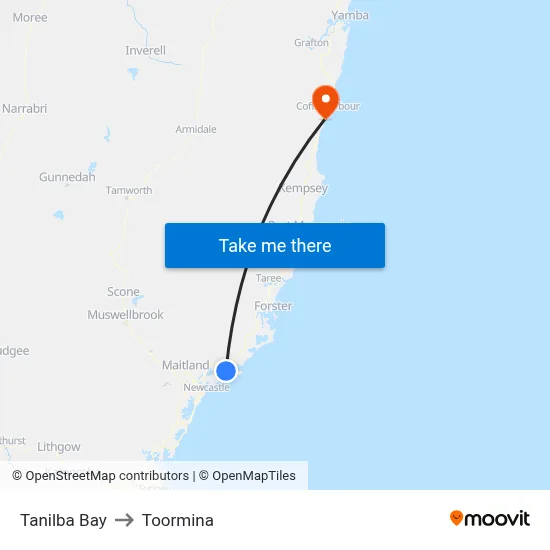 Tanilba Bay to Toormina map