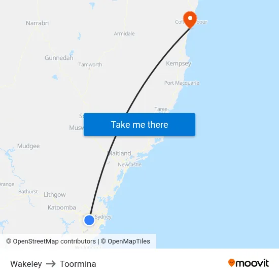 Wakeley to Toormina map