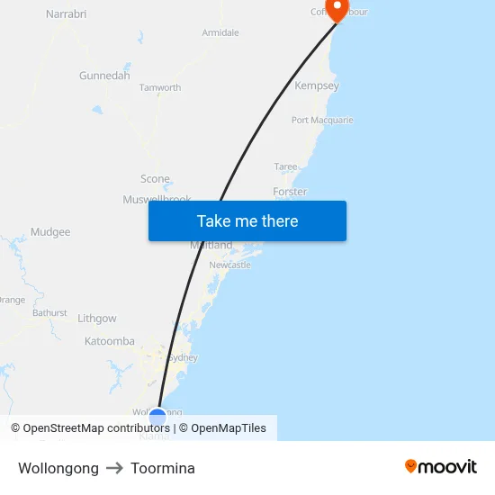 Wollongong to Toormina map