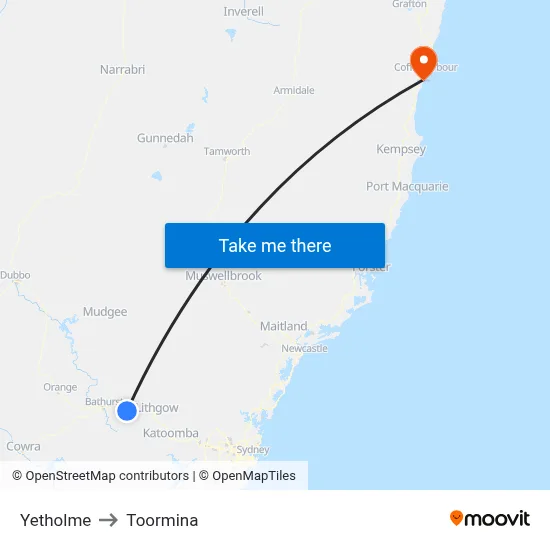 Yetholme to Toormina map