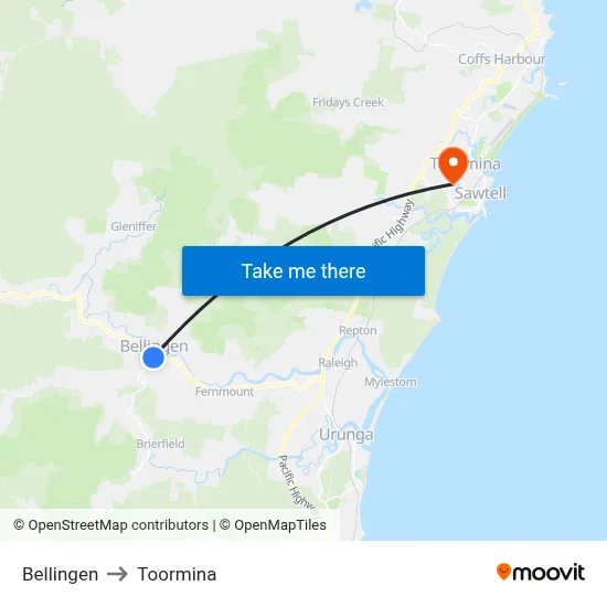Bellingen to Toormina map