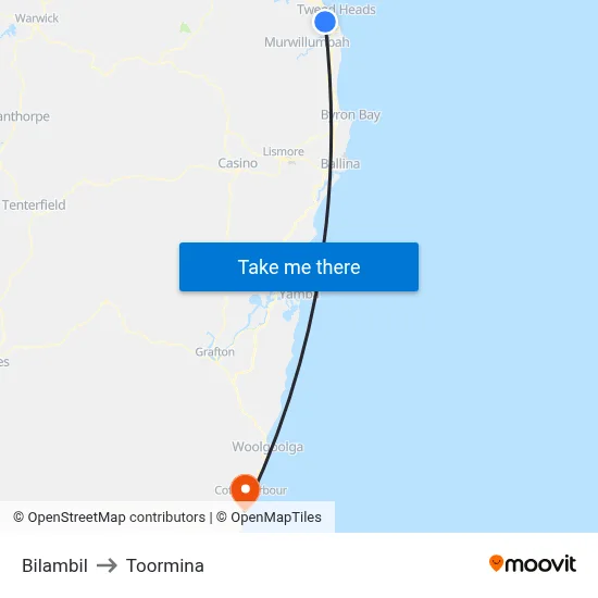 Bilambil to Toormina map