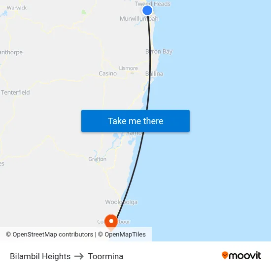 Bilambil Heights to Toormina map