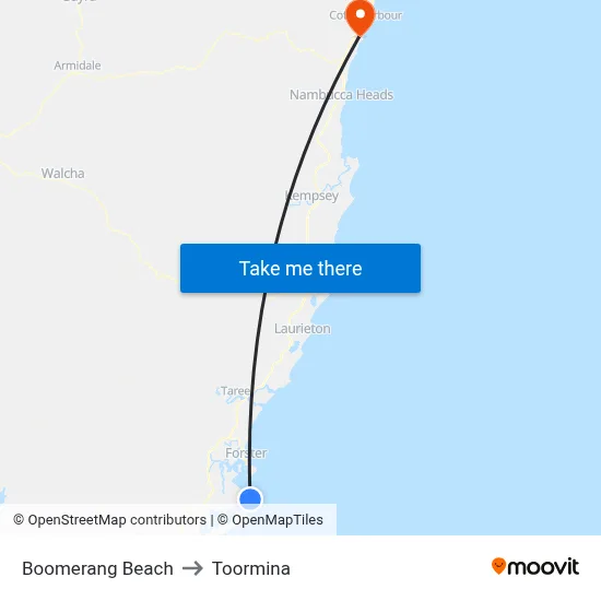 Boomerang Beach to Toormina map