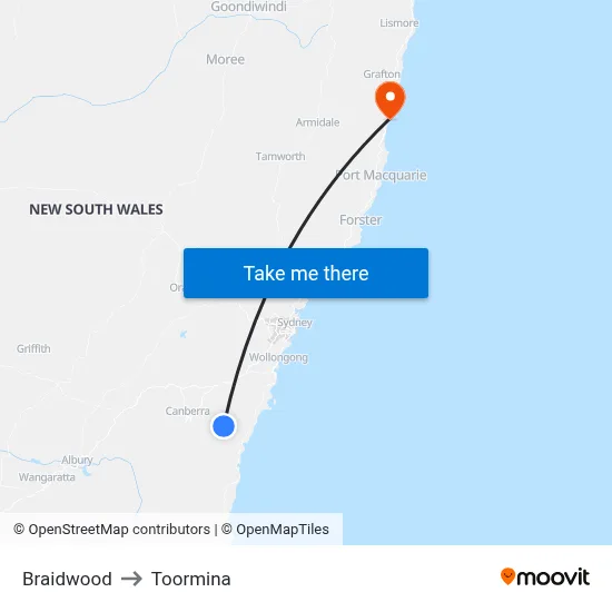 Braidwood to Toormina map