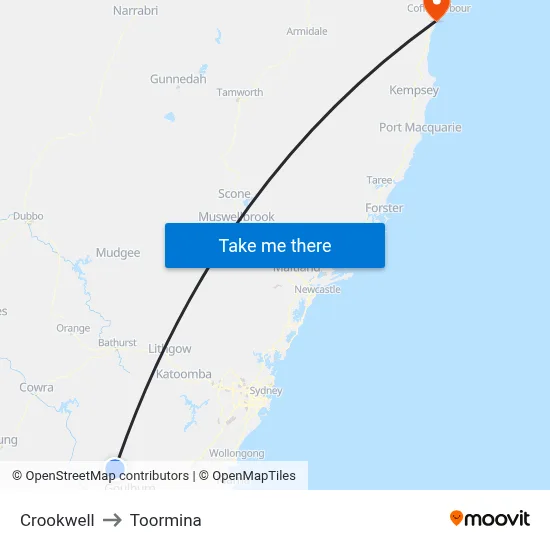 Crookwell to Toormina map