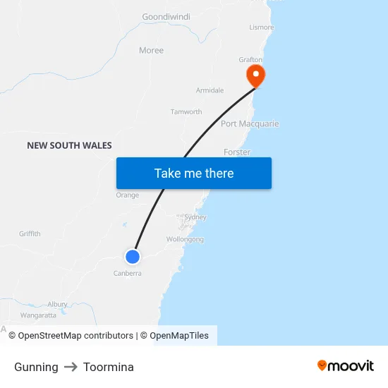 Gunning to Toormina map