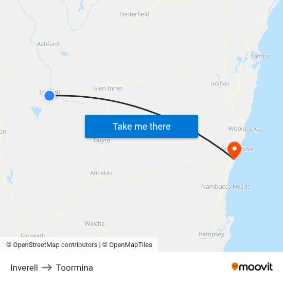 Inverell to Toormina map