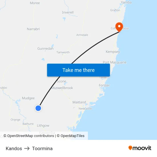 Kandos to Toormina map
