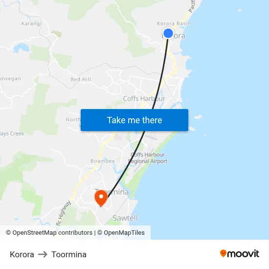Korora to Toormina map