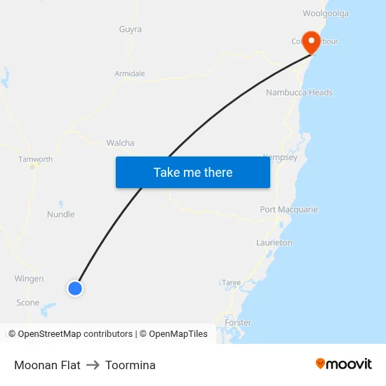 Moonan Flat to Toormina map