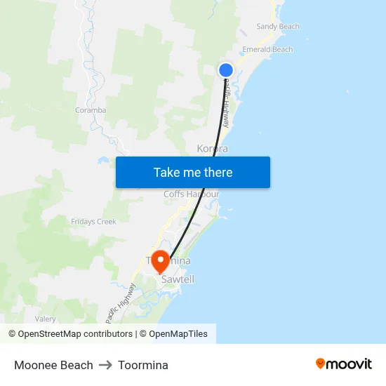Moonee Beach to Toormina map
