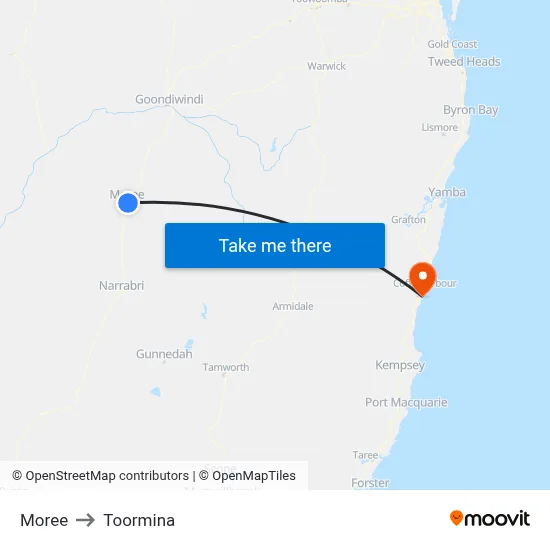 Moree to Toormina map