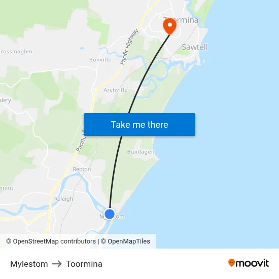 Mylestom to Toormina map